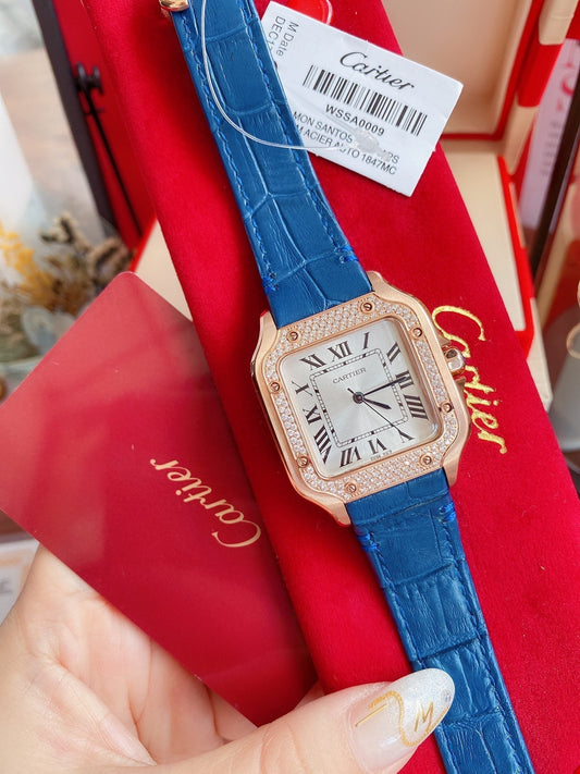 SANTOS LADY 35MM QUARTZ ROSE GOLD CASE DIAMOND BEZEL LEATHER