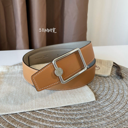 OSCAR BELT BUCKLE & REVERSIBLE KHAKI BROWN AND ORANGE LEATHER STRAP 38MM SILVER HARDWARE
