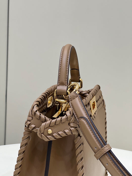 PEEKABOO ISEEU 27 IN BROWN SMOOTH CALFSKIN WITH WOVEN TRIM GOLD HARDWARE