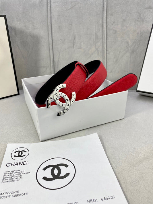 CC 30MM BELT IN CHERRY RED SMOOTH CALFSKIN WITH SILVER HARDWARE