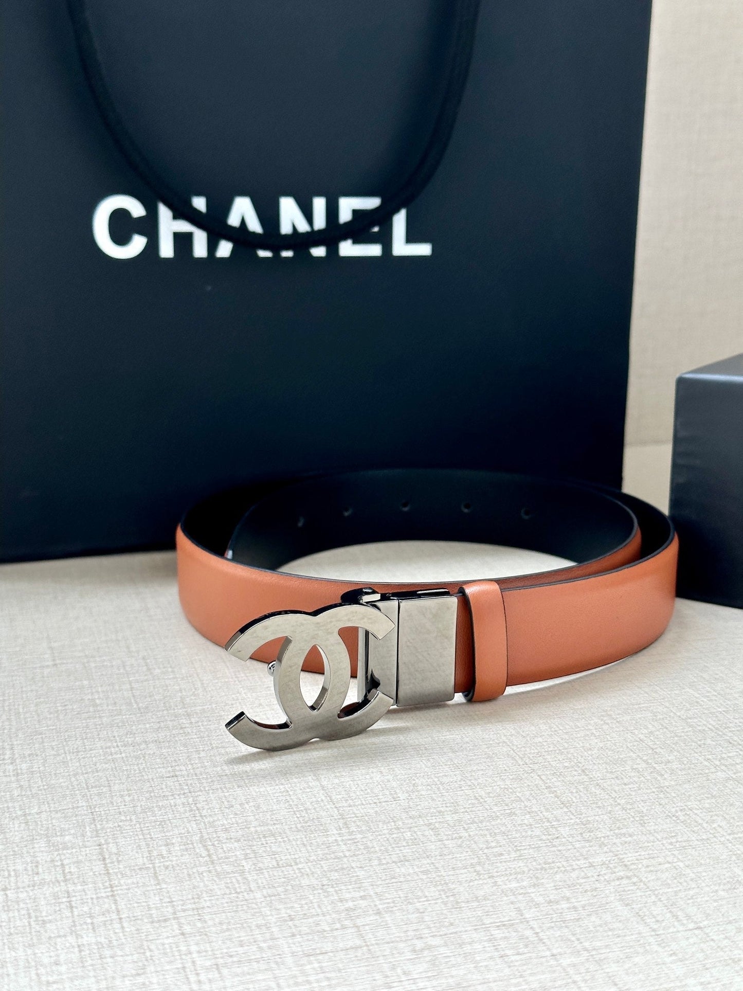 CC 30MM BELT IN BRONZE BROWN AND BLACK CALFSKIN WITH SILVER HARDWARE
