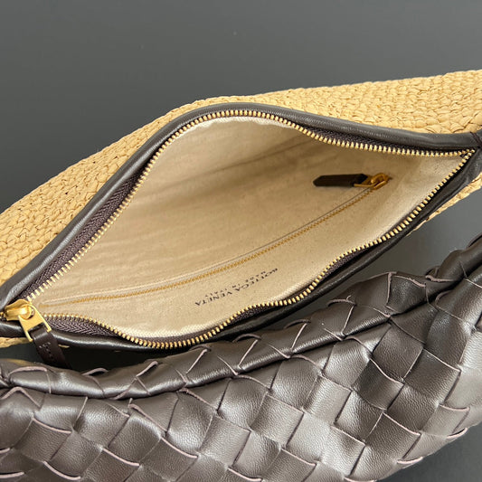 GEMELLI SHOULDER BAG 36 IN BEIGE RAFFIA AND FONDANT LAMBSKIN