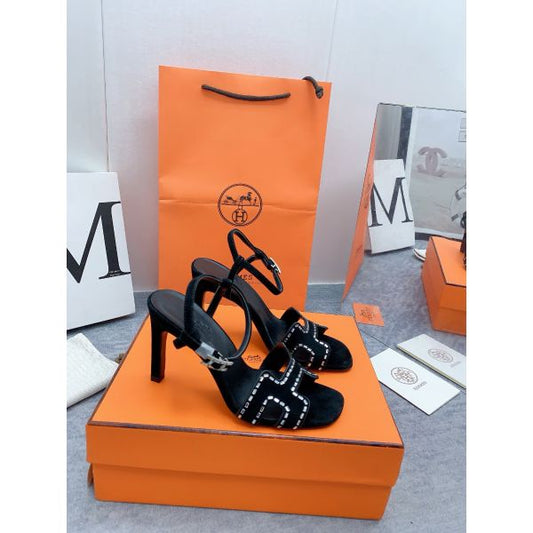 HERM Heden 80 Sandals in Black Suede Leather with Rhinestone