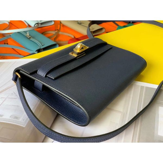 HERM Kelly Classique To Go Wallet In Dark Blue Epsom Calfskin