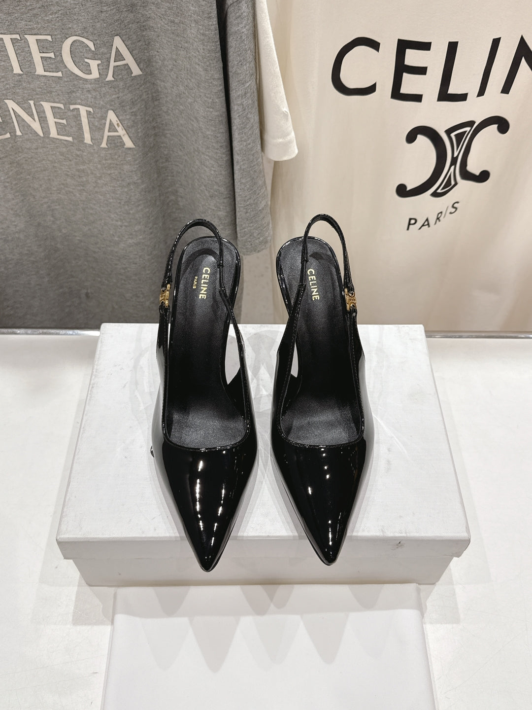 JUDY TRIOMPHE STILETTO SLINGBACK 75MM IN BLACK PATENT CALFSKIN