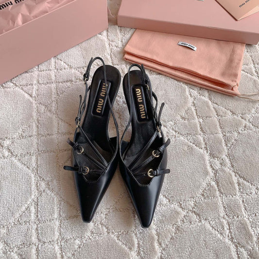 Slingback Black Leather With Stylized Cross Straps - Mid Heels