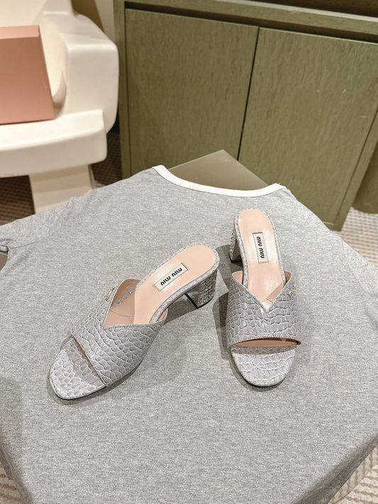 JEWELLED HEEL 55 MULE SANDALS IN SILVER CALFSKIN