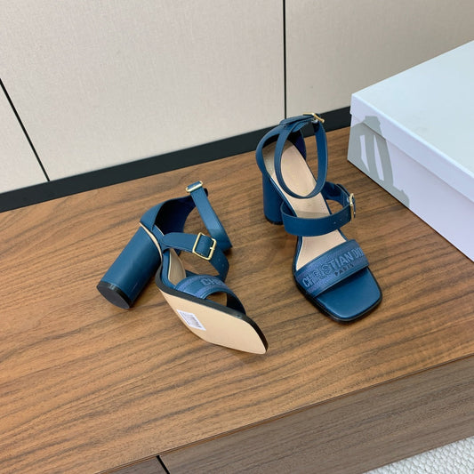 THREE-STRAP HIGH-HEELED EMBROIDERED SANDALS NAVY BLUE