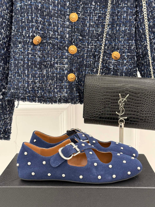 CROSSED STRAP BALLET FLATS IN NAVY BLUE SUEDE