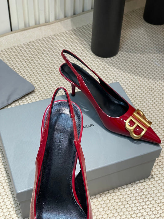 POINTED BB GOLD BUCKLE HIGH SLINGBACK 60MM IN RED PATENT CALFSKIN
