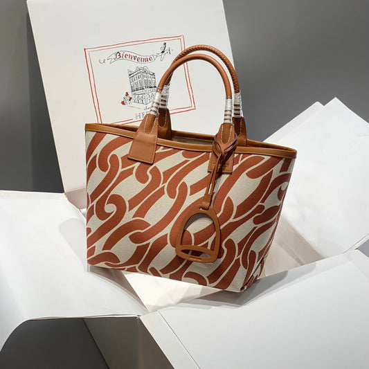 STEEPLE 28 BAG IN OFF-WHITE MIX BROWN CANVAS AND CALFSKIN