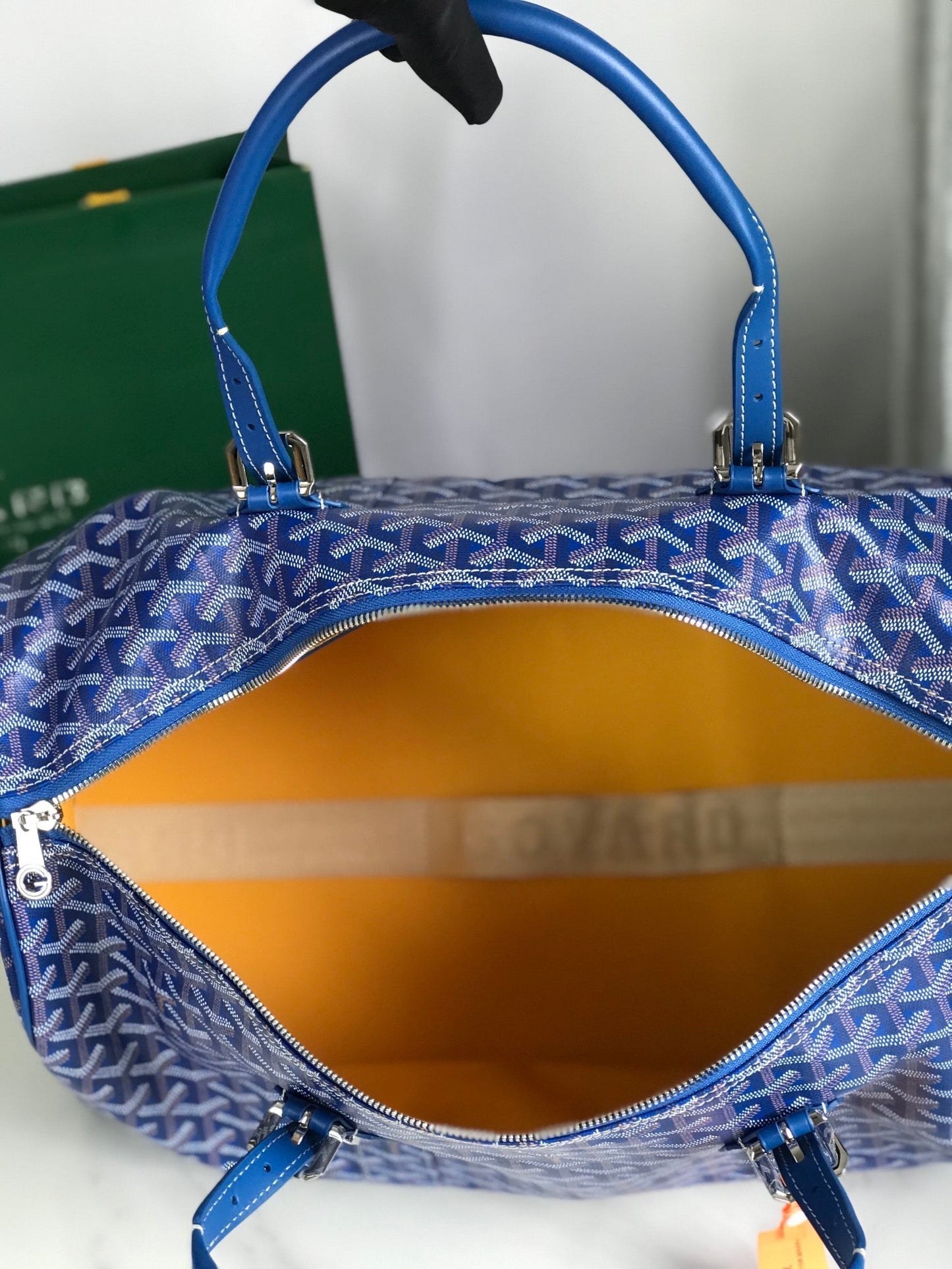 BOSTON 50 BAG IN SAPPHIRE BLUE GOYARDINE CANVAS AND CALFSKIN TRIM