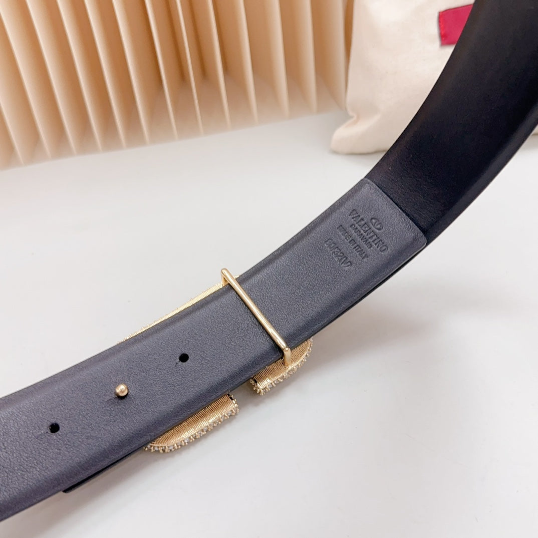 Vlogo Brown Black White Stone Gold Buckle Belt 40mm Black Leather
