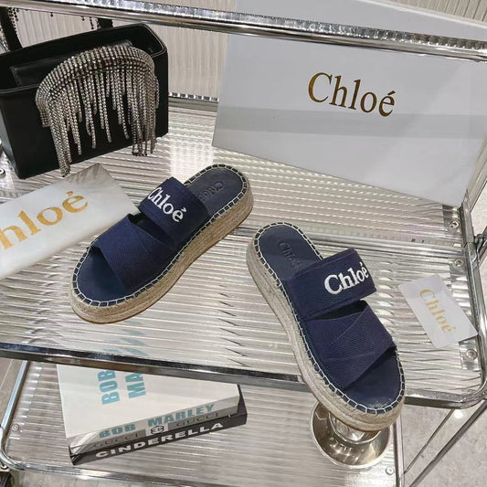 MILA PLATFORM 5 CM IN NAVY BLUE FABRIC AND BEIGE RAFFIA