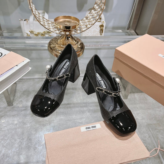 MARY JANE SANDAL CAP TOE BLACK SHEEPSKIN - HIGH HEEL