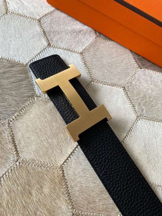H CONTANCE BELT 38MM GOLD BUCKLE BLACK LEATHER