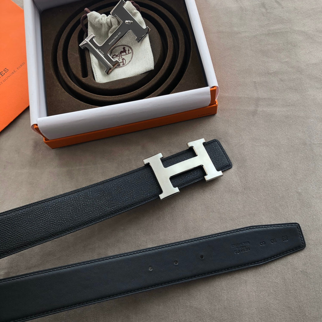 H CONTANCE BELT 38MM SILVER BUCKLE DARK BLUE LEATHER
