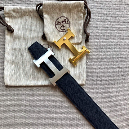 H CONTANCE BELT 38MM BLACK DARK BLUE LEATHER