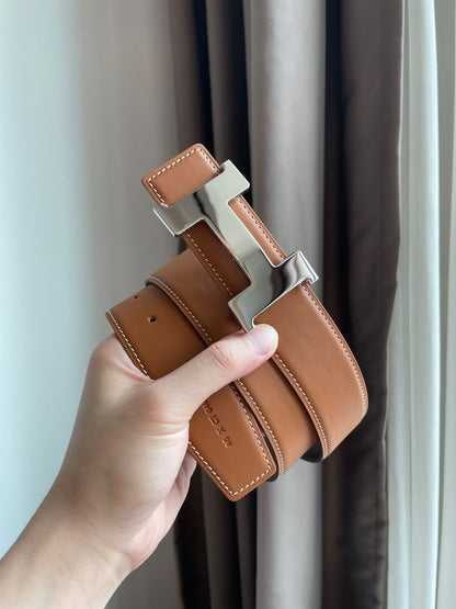 H CONSTANCE BELT 38MM SILVER BUCKLE BROWN CHOCOLATE LEATHER