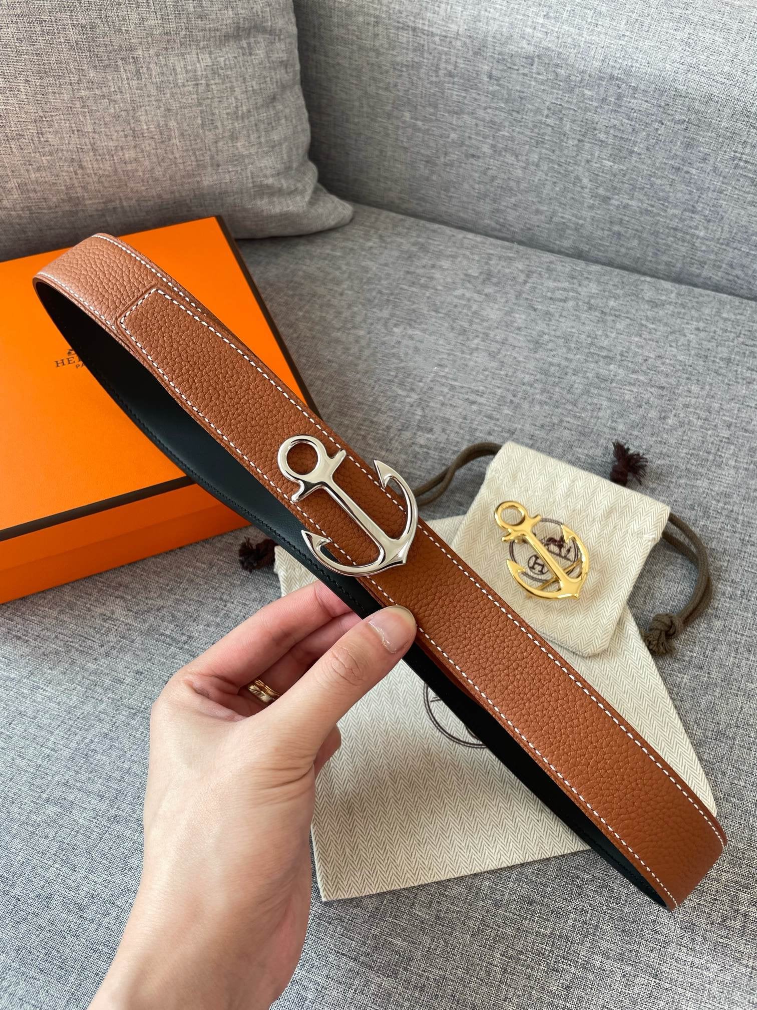 H CARGO BELT 32MM BROWN BLACK LEATHER