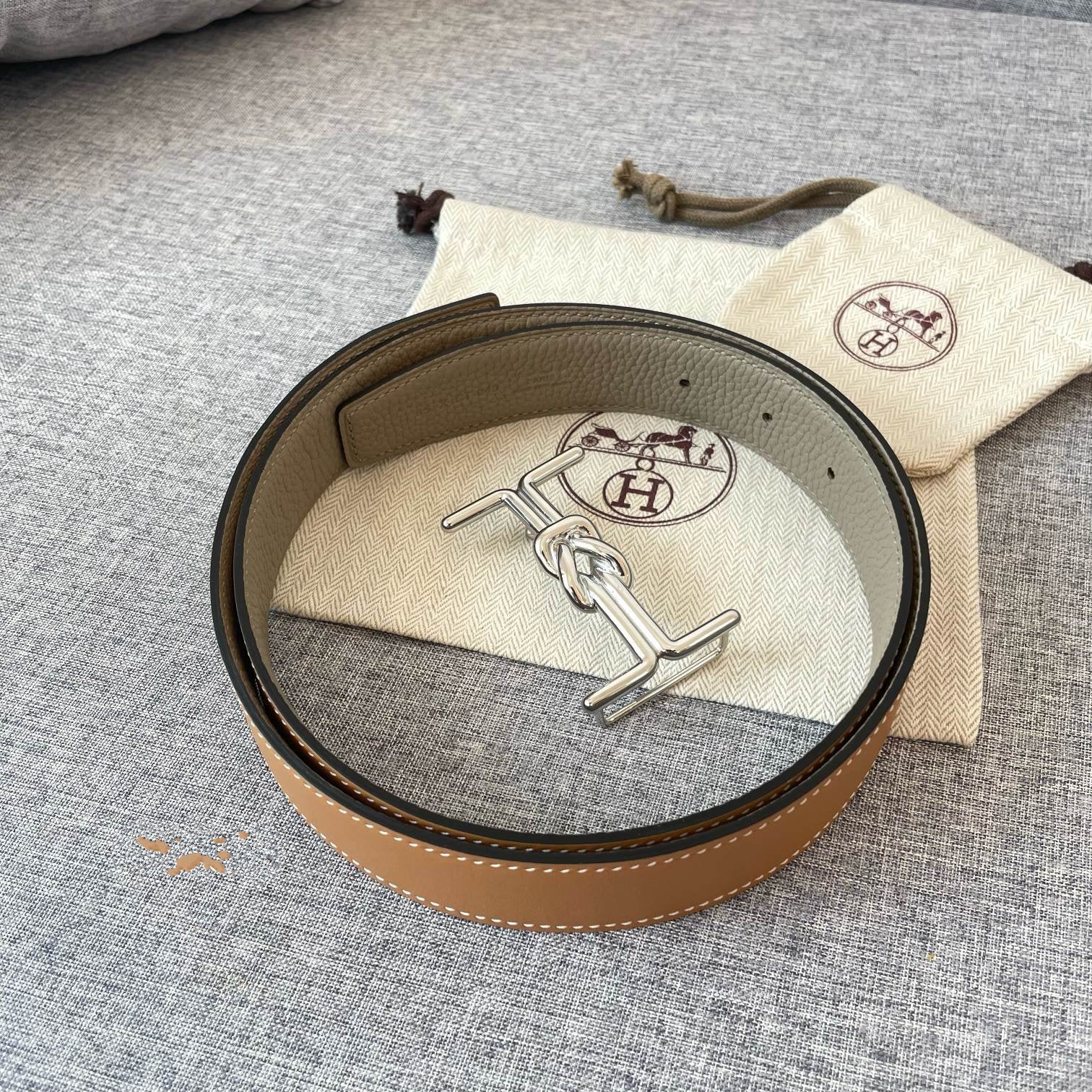 H MARIN REVERSIBLE BELT 32MM SILVER BUCKLE GOLD TIN GREY LEATHER