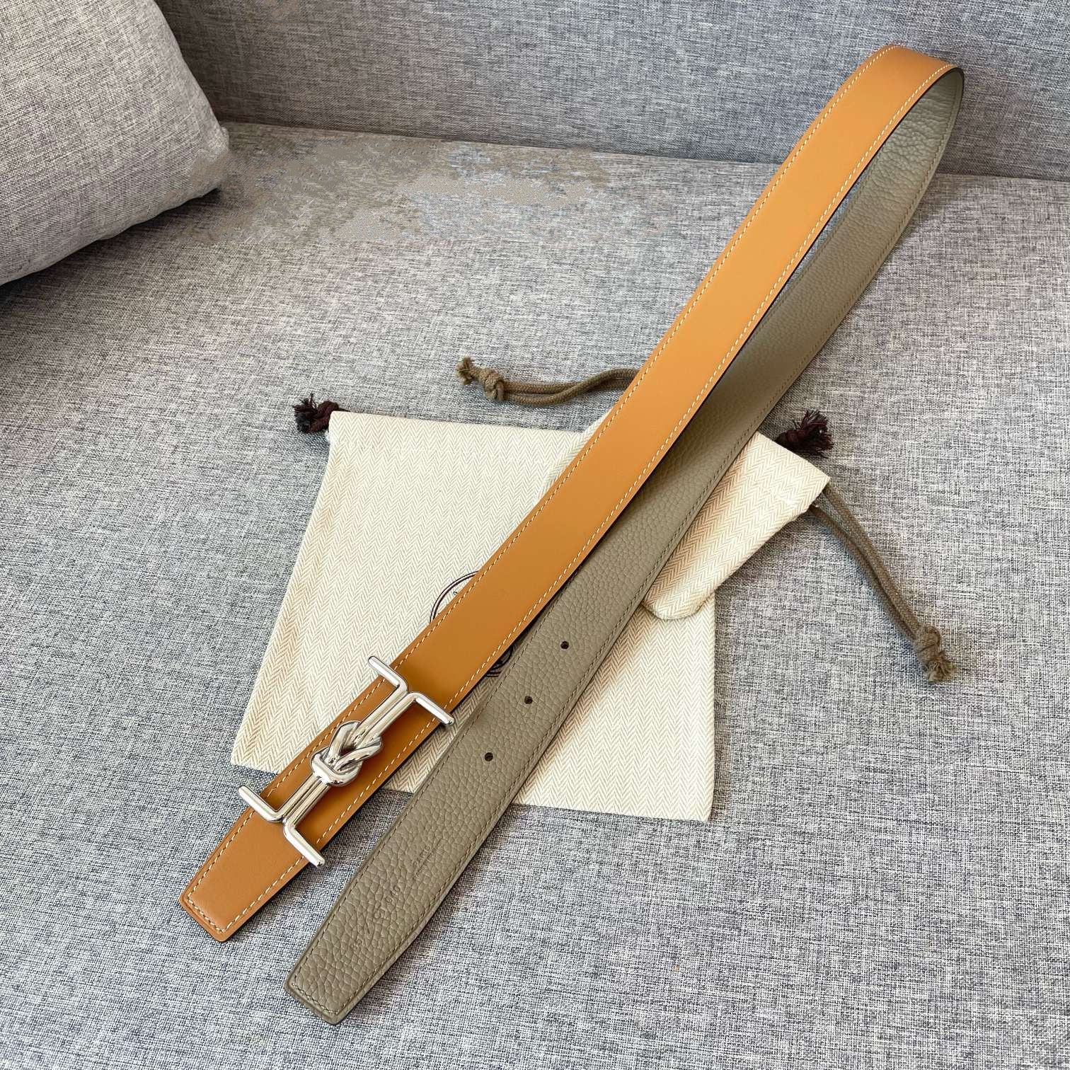 H MARIN REVERSIBLE BELT 32MM SILVER BUCKLE GOLD TIN GREY LEATHER