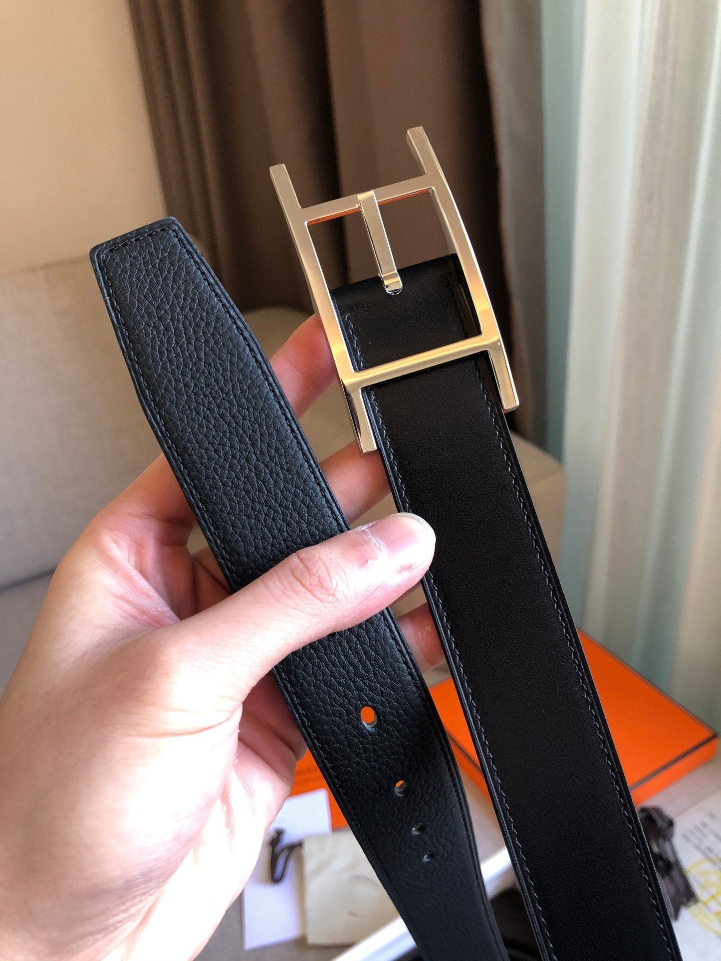 H BELT SILVER BLACK LEATHER REVERSIBLE 3.2CM