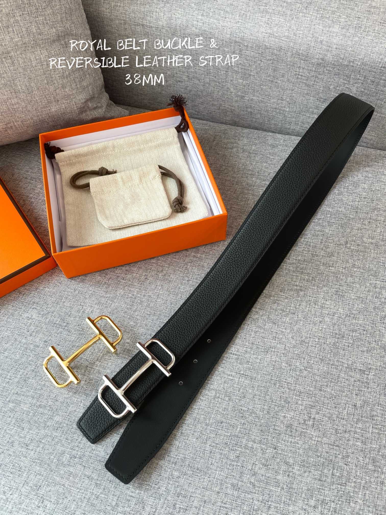 3.8CM  BELT H REVERSIBLE BLACK LEATHER