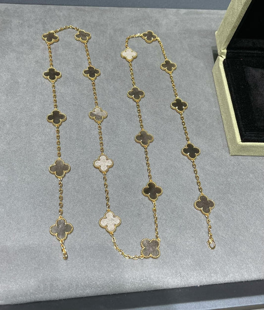 CLOVER 20 MOTIF GREY MOP PINK GOLD NECKLACE