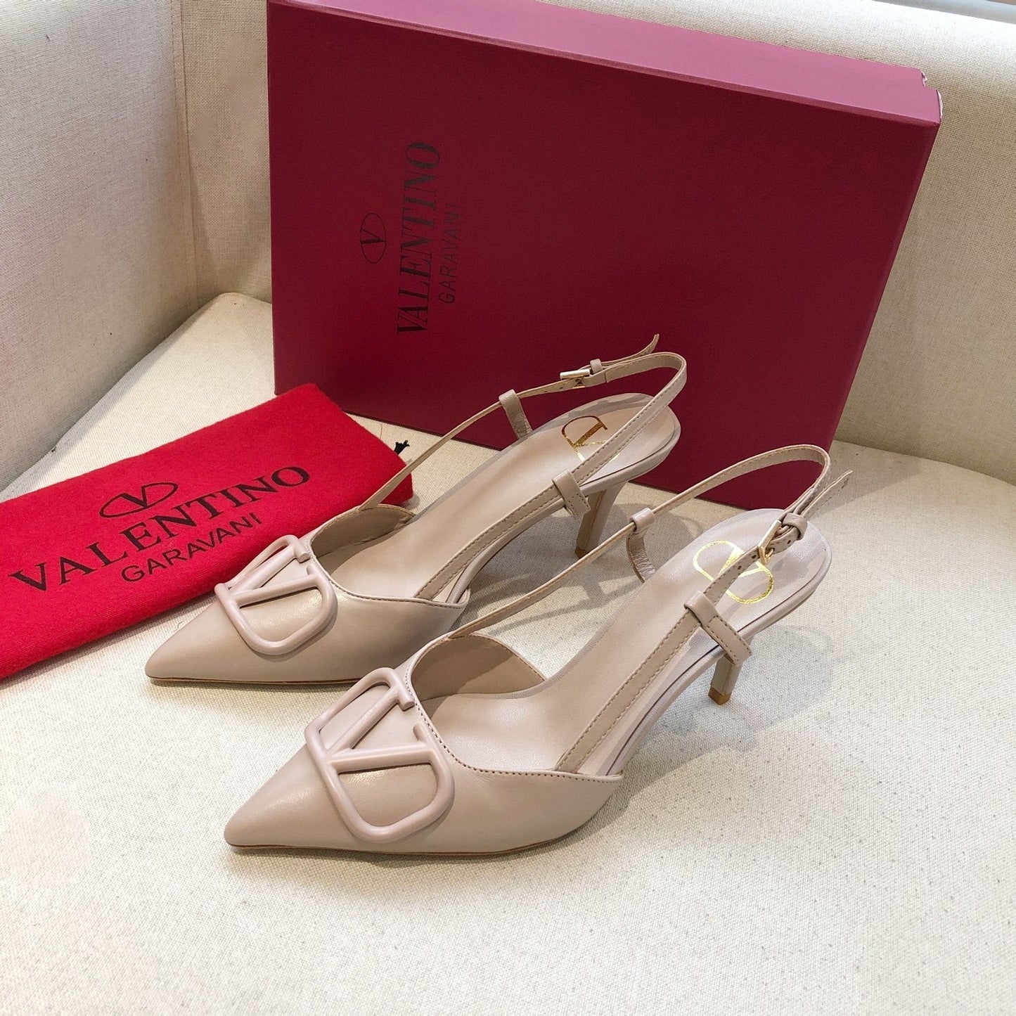 VLOGO SIGNATURE LIGHT PINK CALFSKIN HIGH SLINGBACK PUMP 7 CM