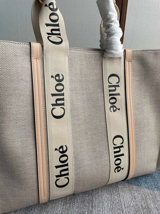 LAGRE WOODY TOTE BAG 45 IN BEIGE LINEN CANVAS BLACK WEBBING LOGO EMBROIDER NUDE CALFSKIN