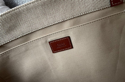 LAGRE STRAP WOODY TOTE BAG 45 IN BEIGE LINEN CANVAS BLACK WEBBING LOGO EMBROIDER BROWN CALFSKIN