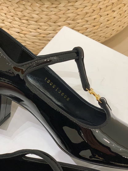 TRIOMPHE T-BAR HIGH PUMPS IN BLACK PATENT CALFSKIN