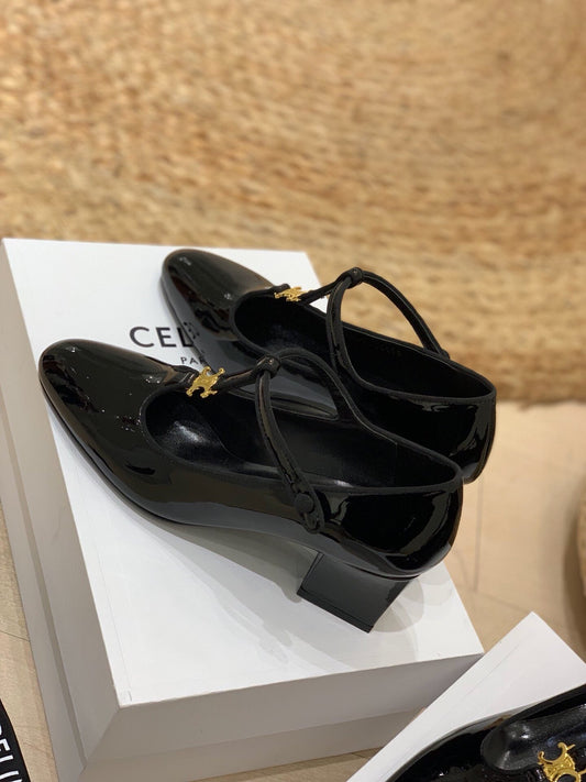 TRIOMPHE T-BAR HIGH PUMPS IN BLACK PATENT CALFSKIN