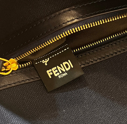 BAGUETTE WITH FF MOTIF 27 IN NAVY BLUE JACQUARD FABRIC GOLD HARDWARE