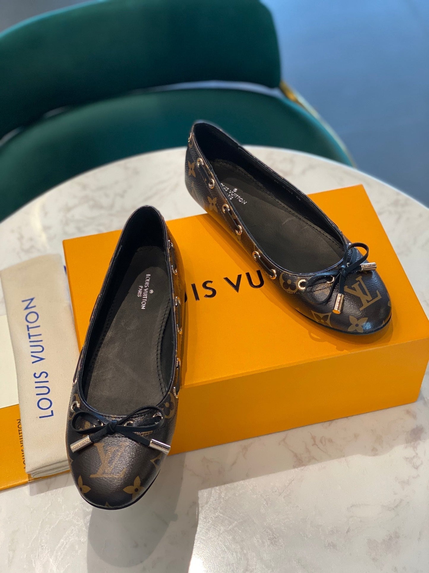 LV WOMEN'S BALLET FLAT IN CHOCOLATE BROWN MONOGRAM CALFSKIN WITH BOW