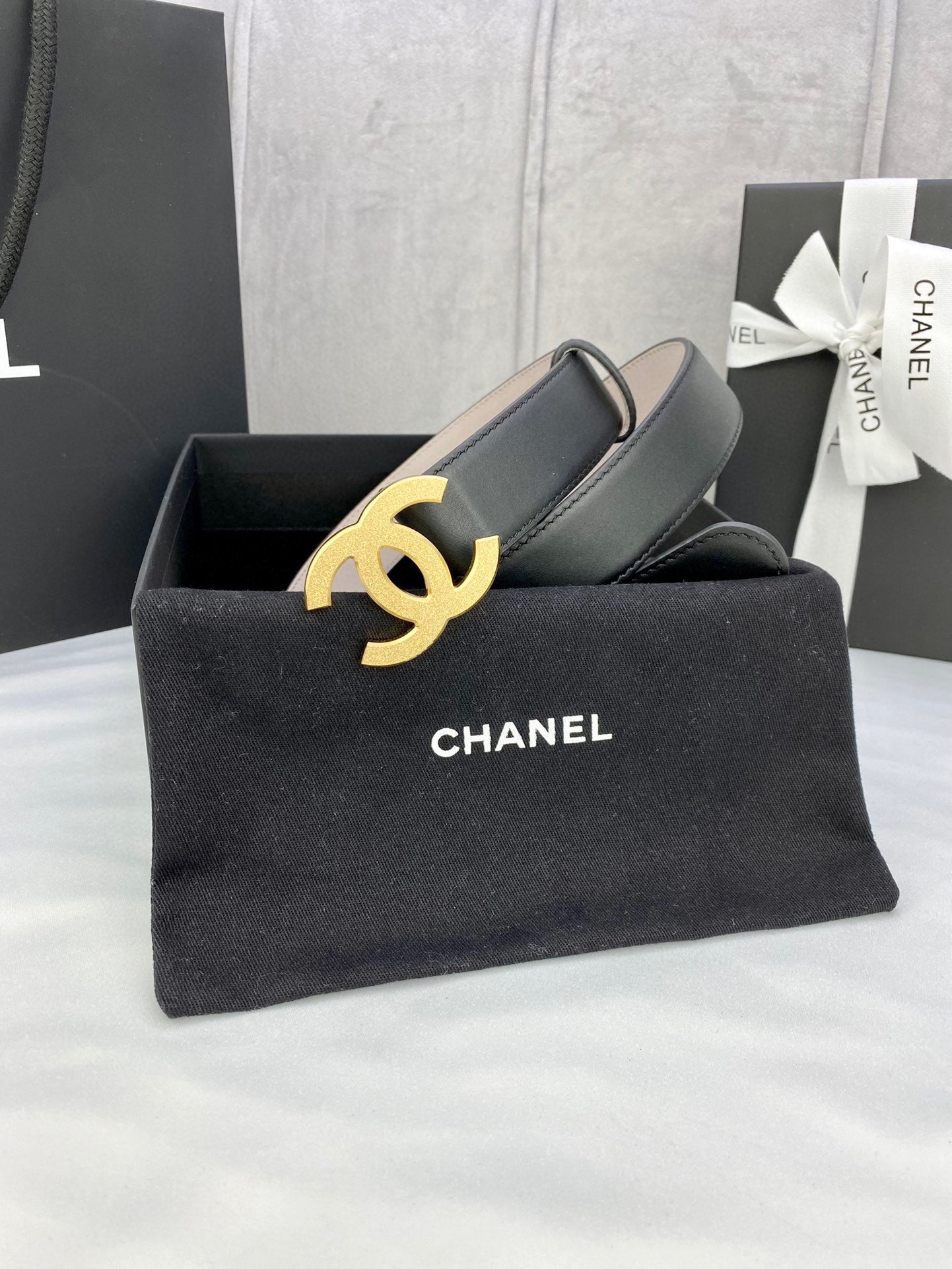 DOUBLE C BELT 30MM IN BLACK CALFSKIN METAL BUCKLE