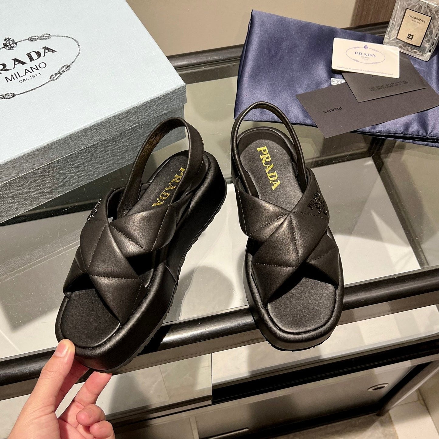 PRA PADDED CRISSCROSS SANDALS BLACK LAMBSKIN