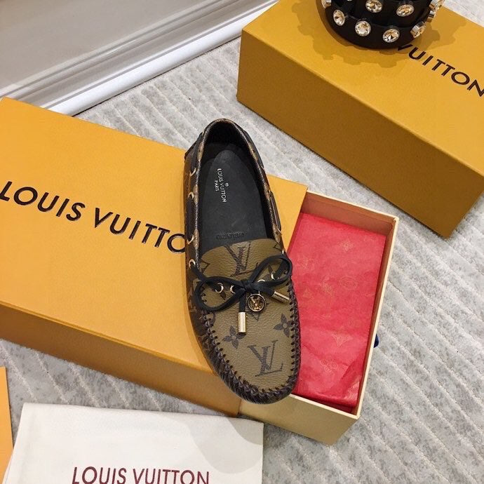 LV WOMEN'S DRIVER MOCCASIN IN CAMEL BROWN MONOGRAM CALFSKIN