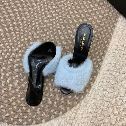 LA 16 HEELED MULES IN SKY BLUE RABBIT FUR AND SMOOTH LAMBSKIN