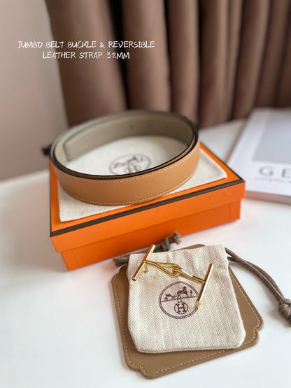JUMBO BELT GOLD BUCKLE & REVERSIBLE CAMEL BROWN AND ORANGE LEATHER STRAP 32MM