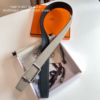 TUBE H BELT BUCKLE & REVERSIBLE KHAKI BROWN AND BLACK LEATHER STRAP 38MM SILVER HARDWARE