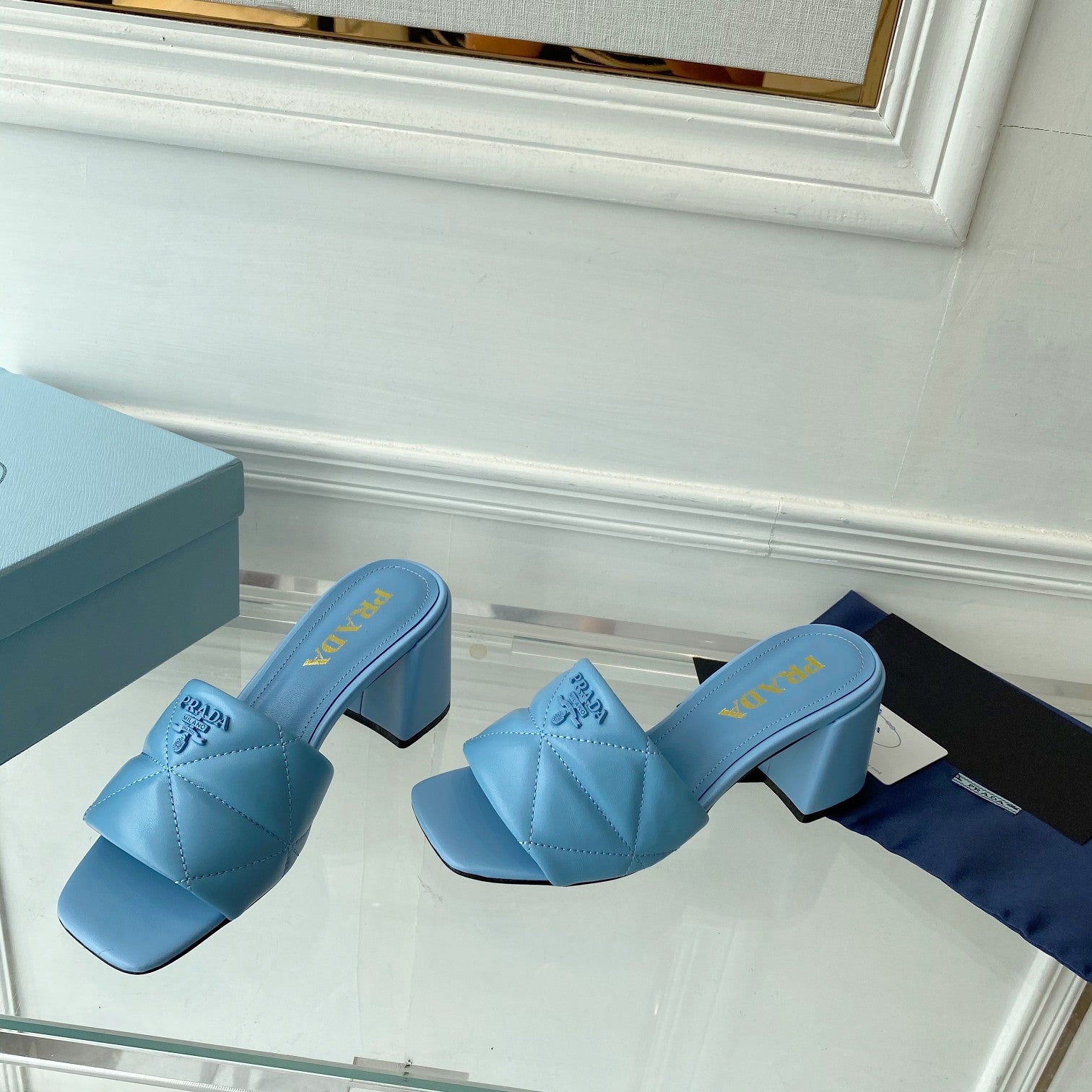 PRA QUILTED NAPPA HEELED SANDALS SKY LAMBSKIN
