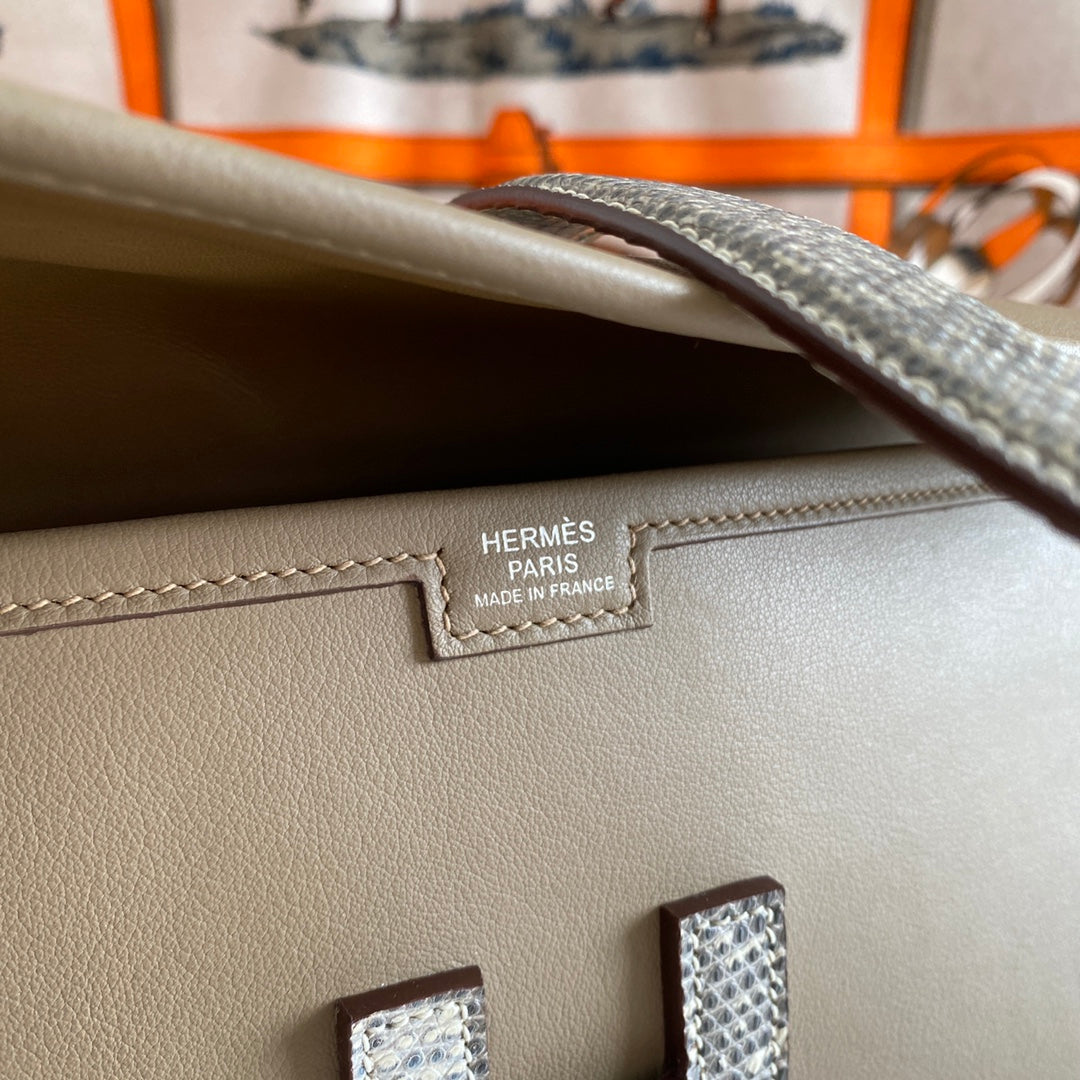 JIGE ELAN 29 CLUTCH IN CHOCOLATE BROWN CALFSKIN WITH WHTE LIZARD SKIN