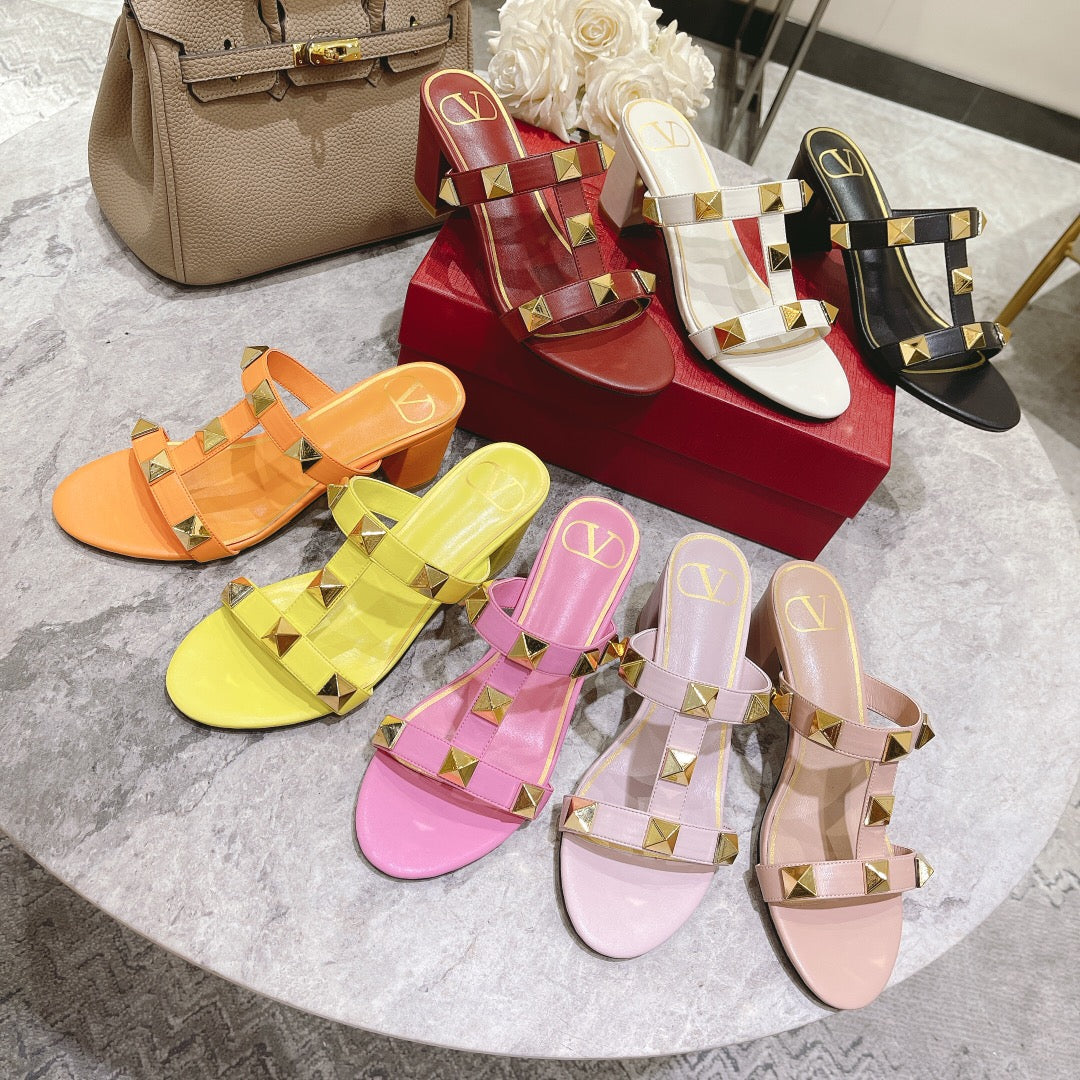 ROMAN STUD PASTEL PINK CALFSKIN SLIDE SANDAL 60 MM