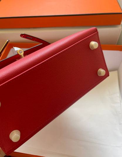 KELLY MINI 20 BAG IN RUBY RED CALFSKIN WITH GOLD HARDWARE