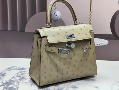 KELLY BAG 20 IN KHAKI TAN OSTRICH LEATHER WITH SILVER HARDWARE