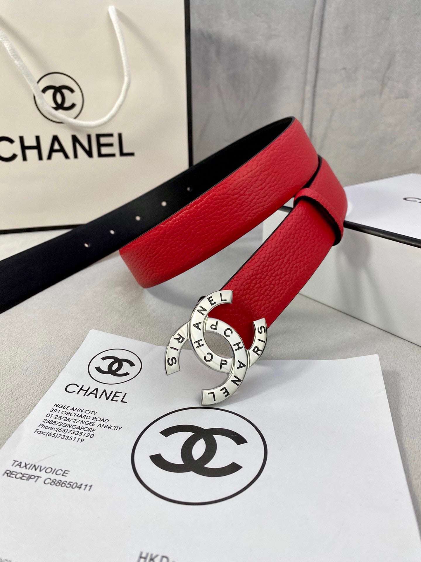 CC 30MM BELT IN CHERRY RED SMOOTH CALFSKIN WITH SILVER HARDWARE