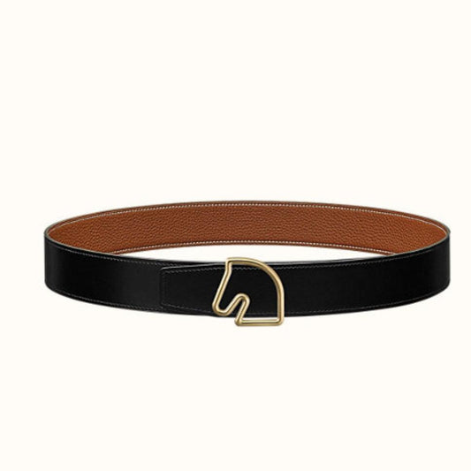 BOUCLE BELT BUCKLE & REVERSIBLE GINGER ORANGE AND BLACK LEATHER STRAP 38MM GOLD HARDWARE