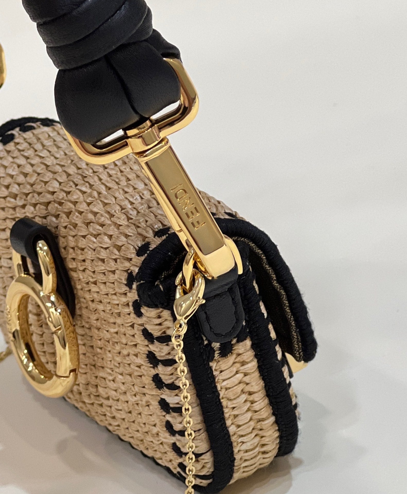 FENDI NANO BAGUETTE 11 BAG IN BEIGE MIX BLACK RAFFIA WITH STRAP GOLD HARDWARE